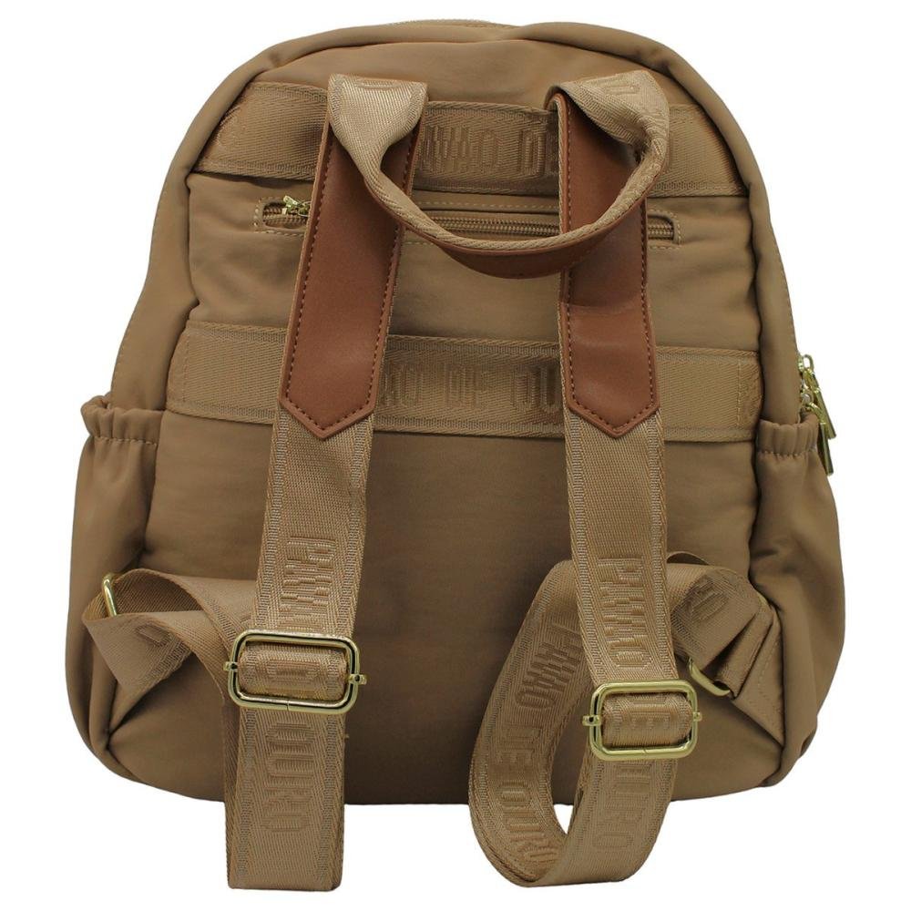 Mochila De Costas Pavão De Ouro Nylon Bolsos Frontais Feminina Bege 2