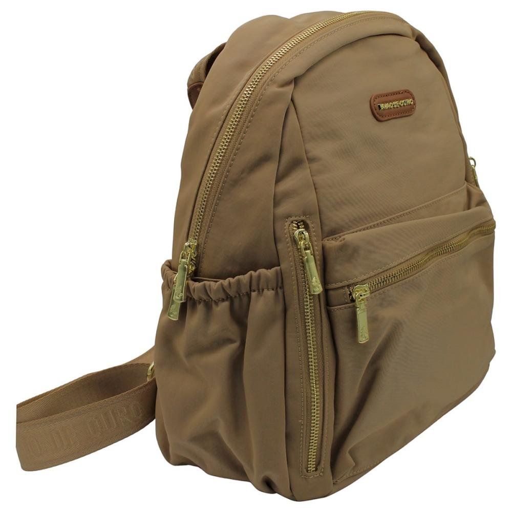 Mochila De Costas Pavão De Ouro Nylon Bolsos Frontais Feminina Bege 3