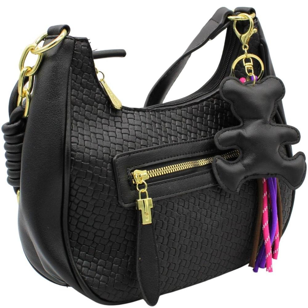 Bolsa de Ombro Texturizada Victtoria Voice Média com Enfeite Feminina Preto 2
