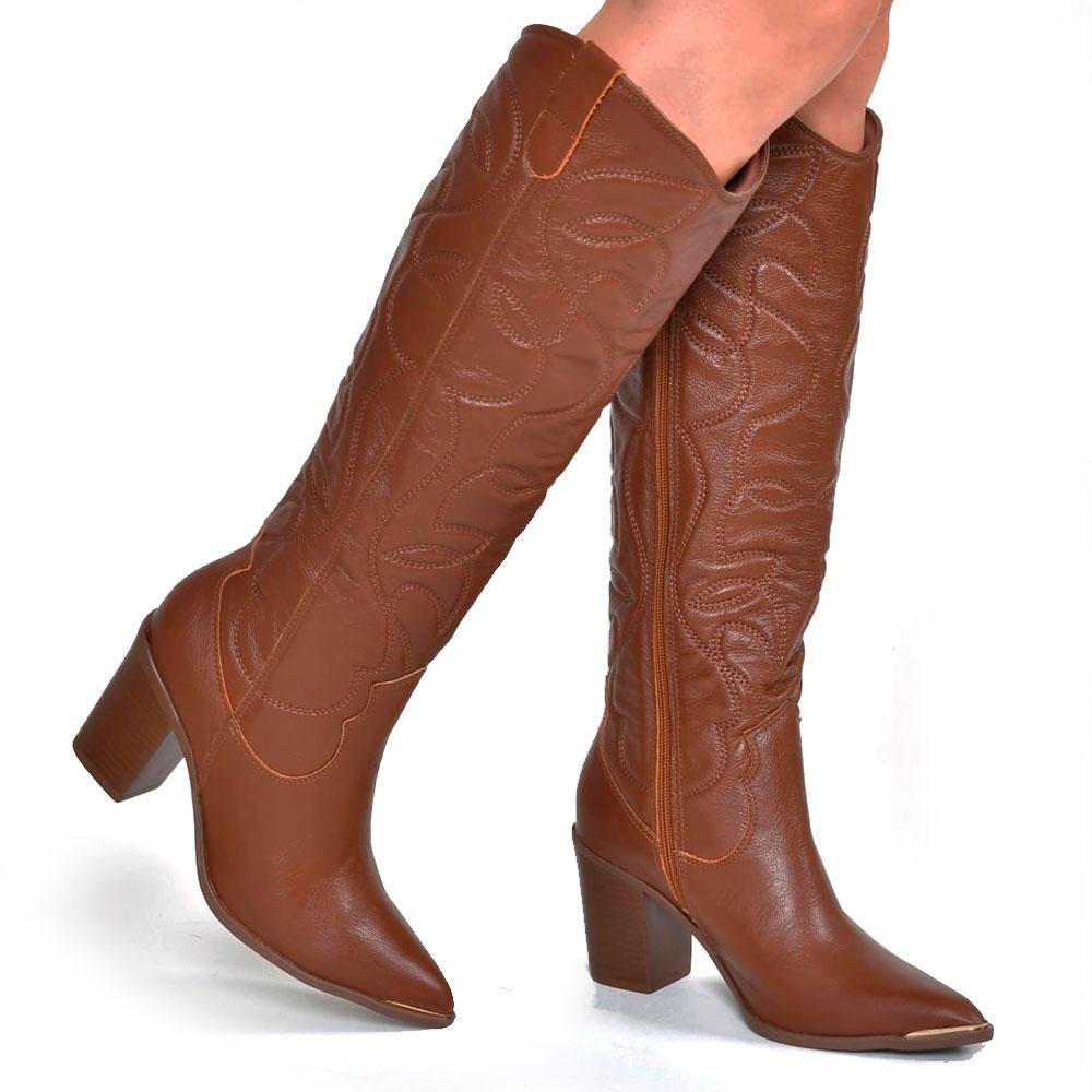 Bota Texana de Couro e Cano Longo Via Marte 079-002-01 Marrom 2