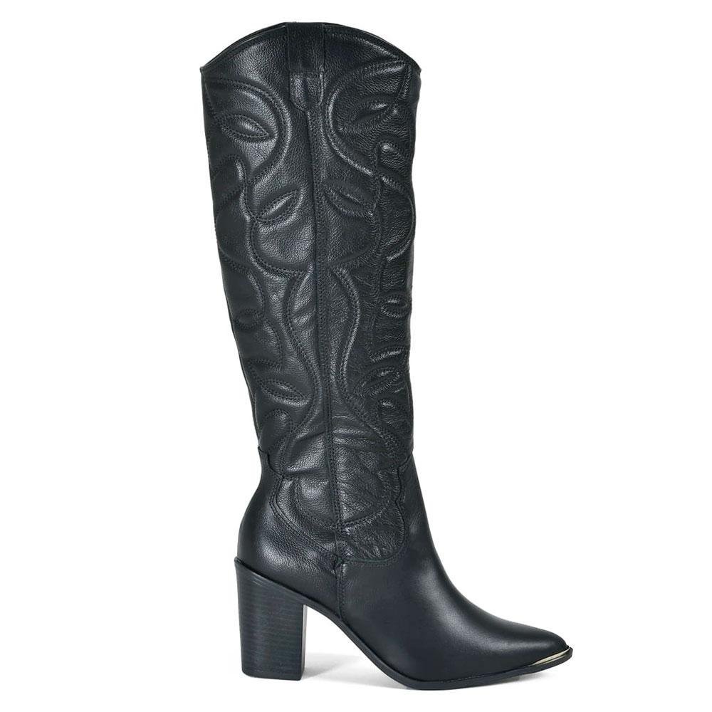 Bota Texana de Couro e Cano Longo Via Marte 079-002-01 Preto 1