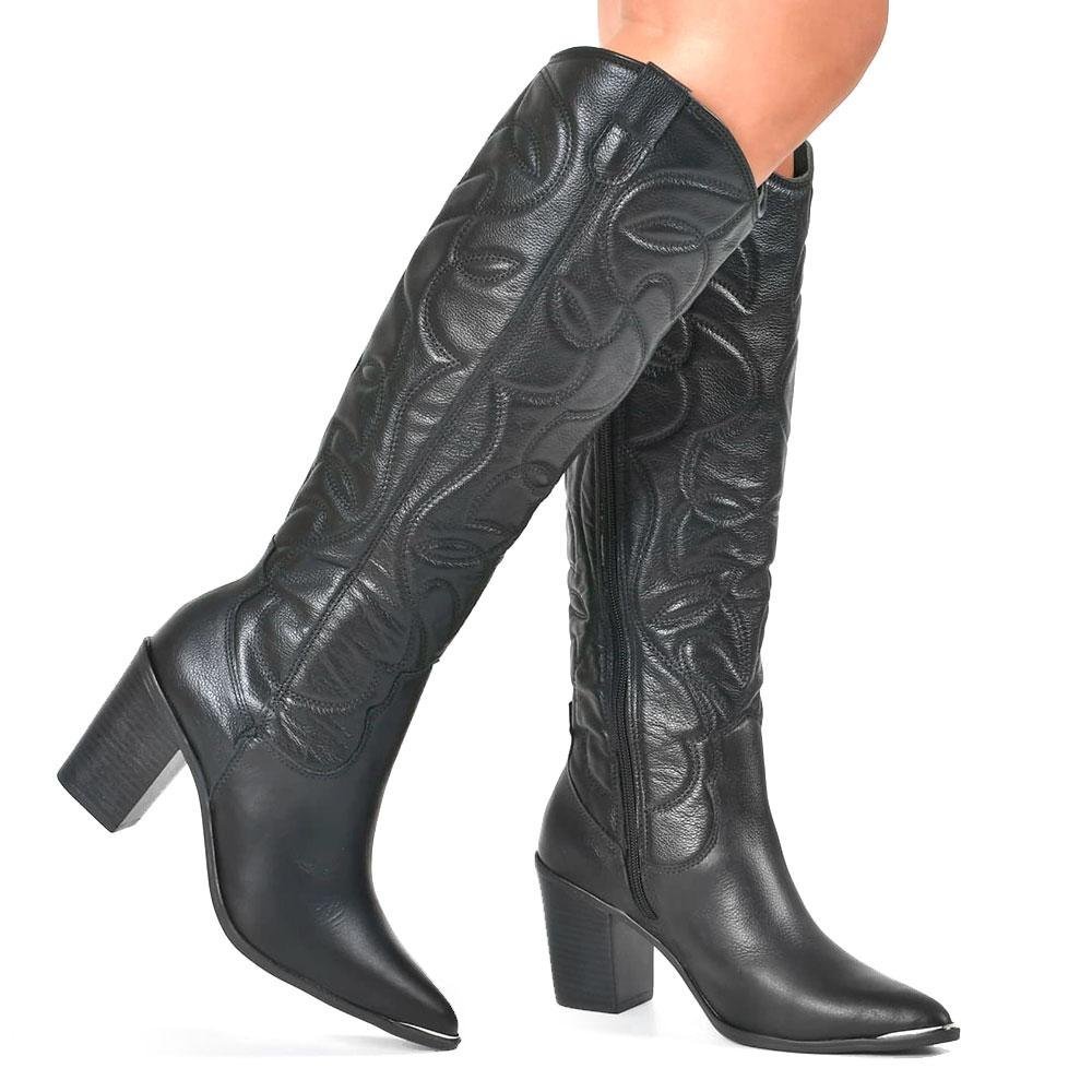 Bota Texana de Couro e Cano Longo Via Marte 079-002-01 Preto 2