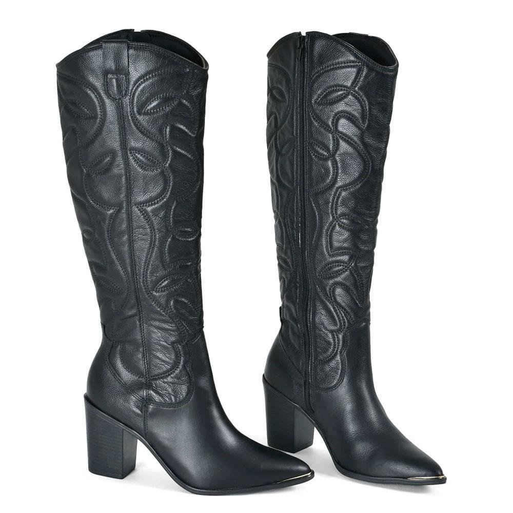 Bota Texana de Couro e Cano Longo Via Marte 079-002-01 Preto 3