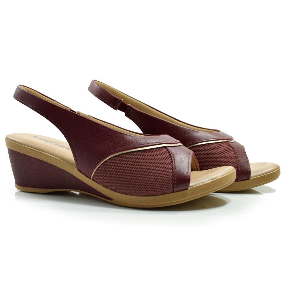Sandália Anabela de Couro Feminina Usaflex MM0906 Bordô 2