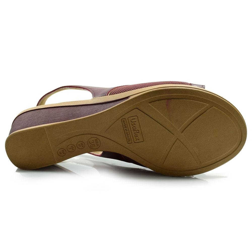 Sandália Anabela de Couro Feminina Usaflex MM0906 Bordô 7