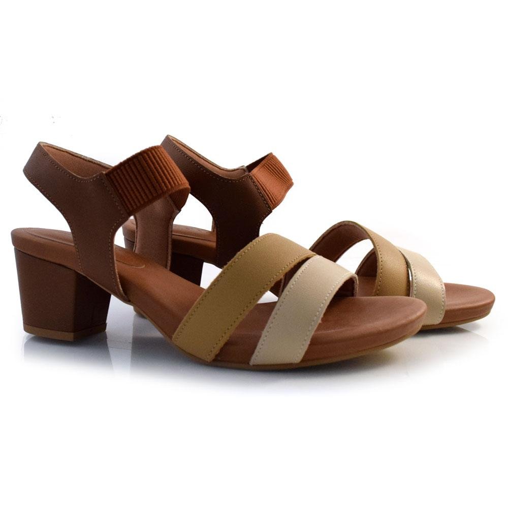 Sandália Feminina de Couro e Salto Bloco Usaflex Y8209 Bege 2