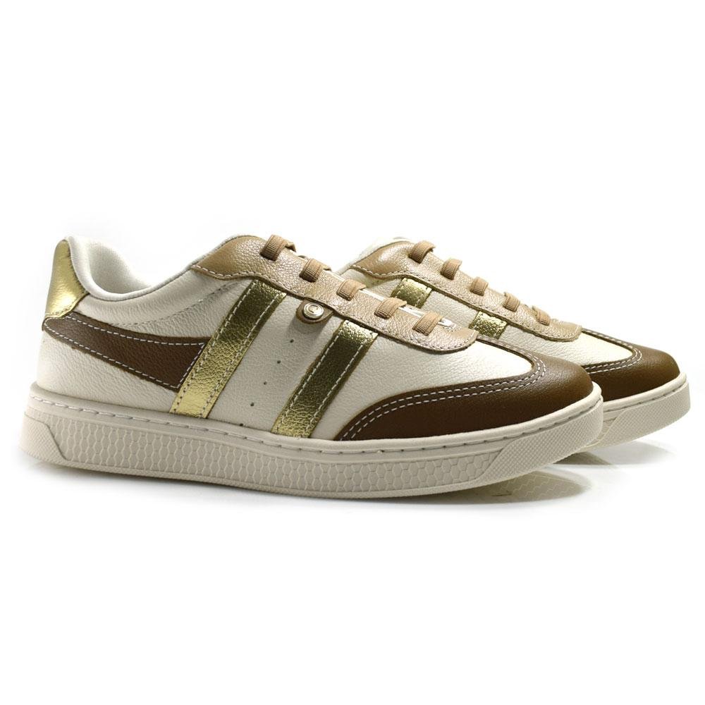 Tênis de Couro Feminino Comfortflex 2565302 Bege/Marrom/Dourado 2