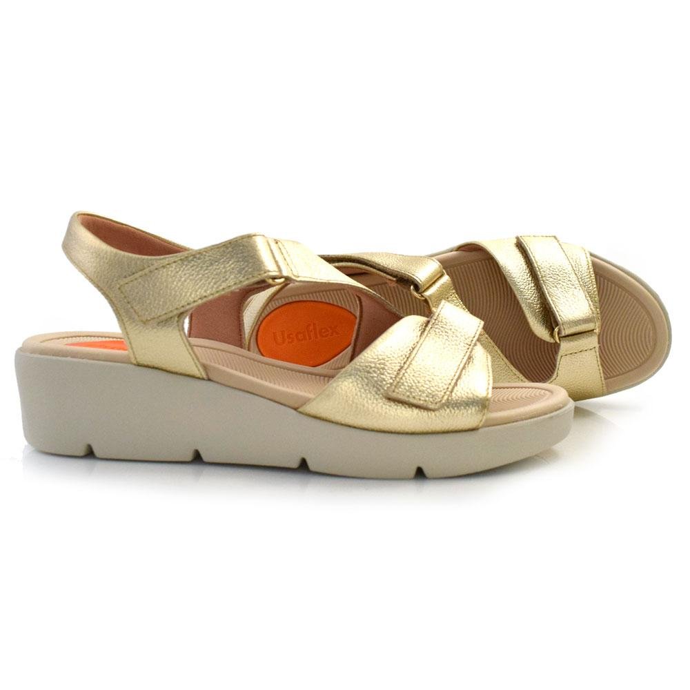 Sandália Anabela de Couro Feminina Usaflex AL4303 Dourado 2