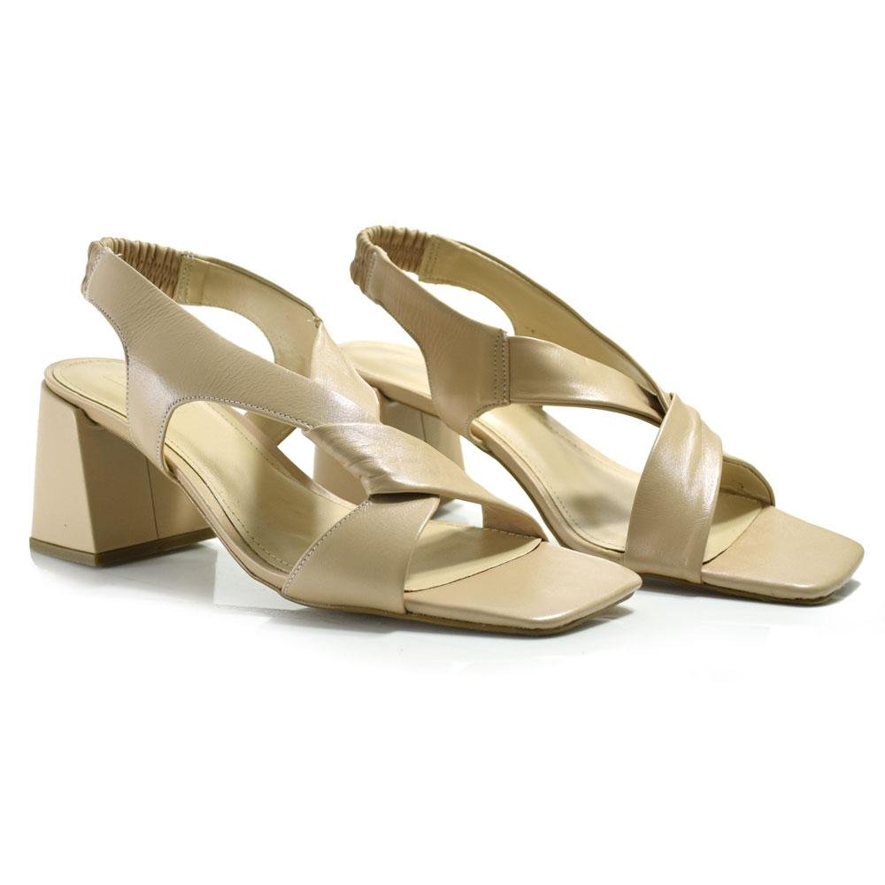 Sandália de Couro e Salto Bloco Feminina Suzzara Bege 2