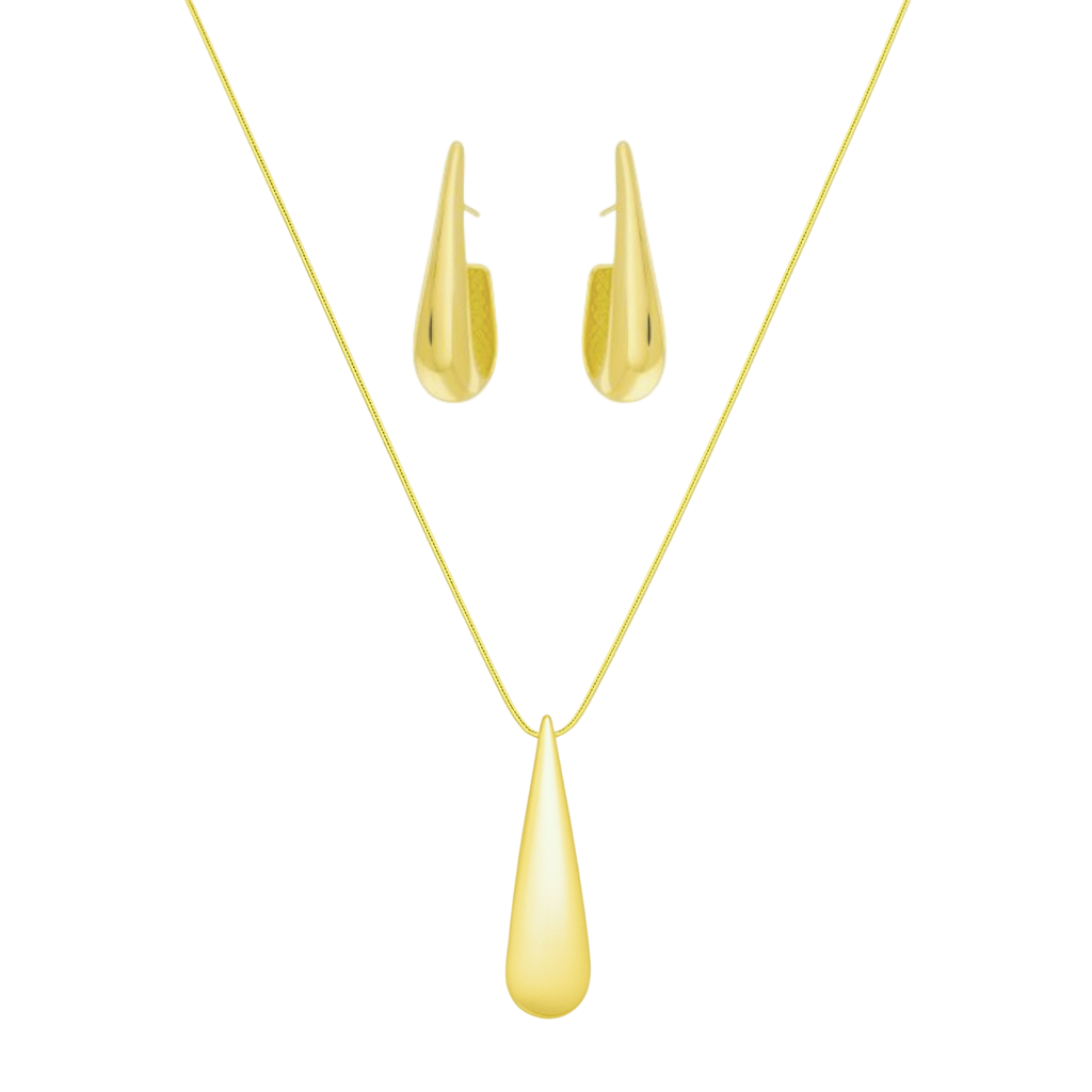 Conjunto Brinco e Colar Gota Alongada banhado em ouro 18k
