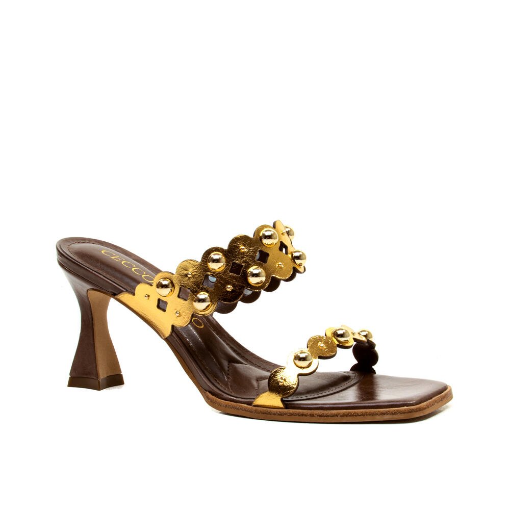 Tamanco Couro Ouro Salto Médio Cecconello 2719001-3 Marrom/Ouro 3