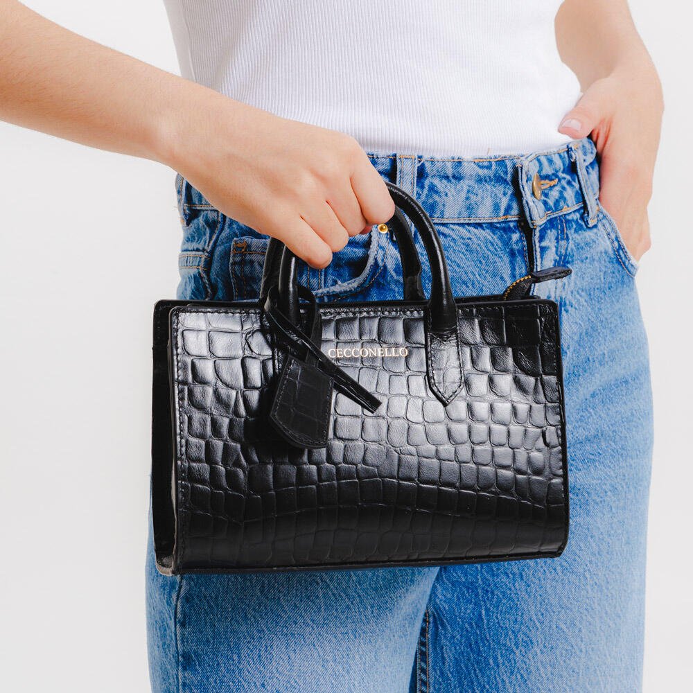Bolsa Olivia Couro Croco Preto Cecconello C2903-2 Preto 2
