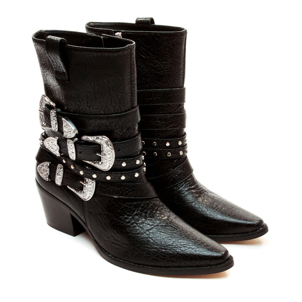Bota Couro Preto Cano Curto Cecconello 2619007-3 Preto/Prata 5