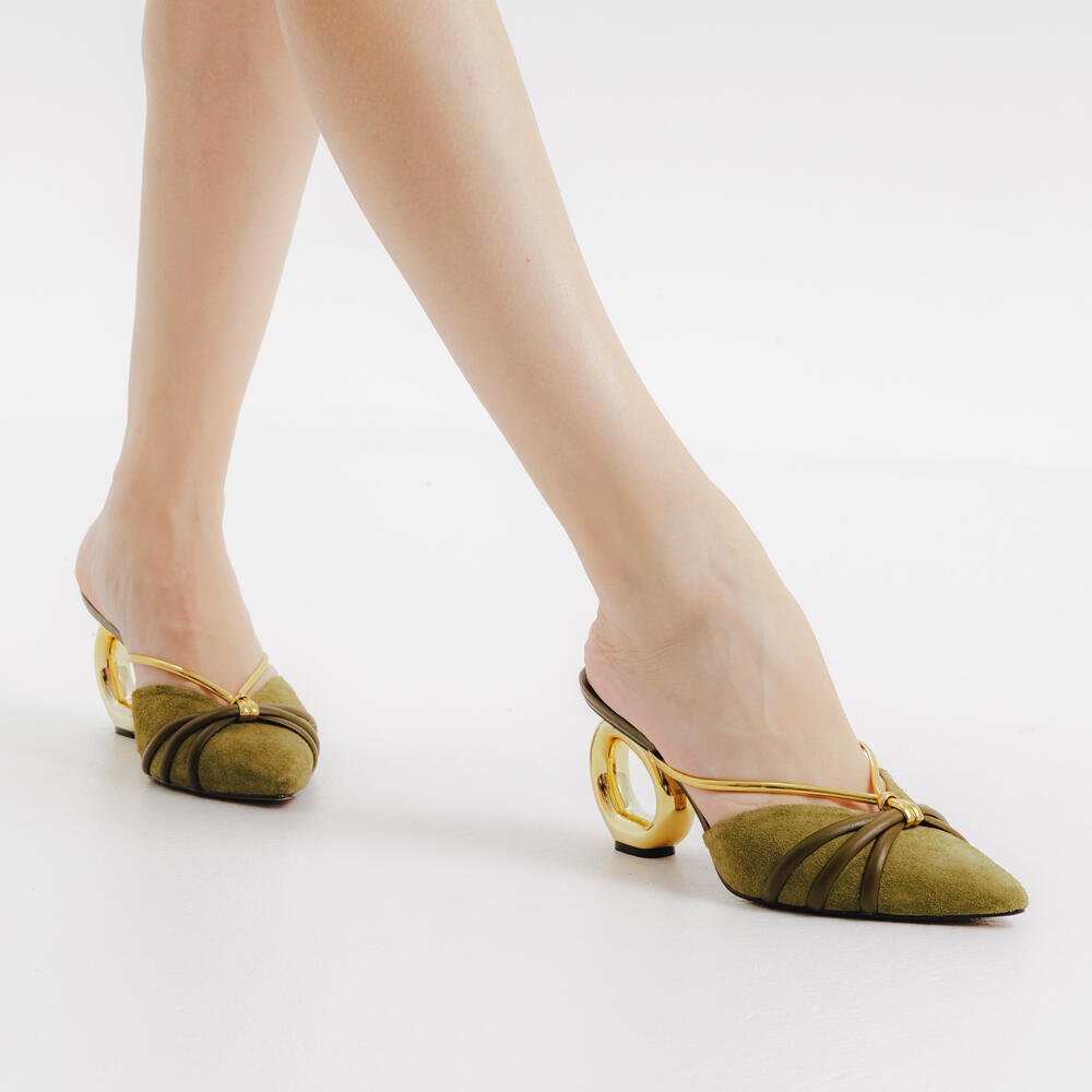 Mule Couro Verde Salto Médio Vazado Cecconello 2271001-7 Verde/Dourado 2