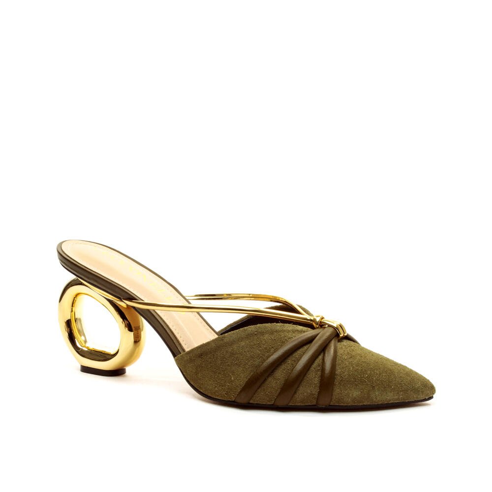 Mule Couro Verde Salto Médio Vazado Cecconello 2271001-7 Verde/Dourado 3