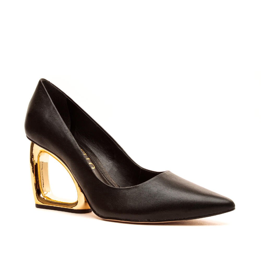 Scarpin Couro Preto Salto Vazado Cecconello 2202002-1 Preto/Dourado 2