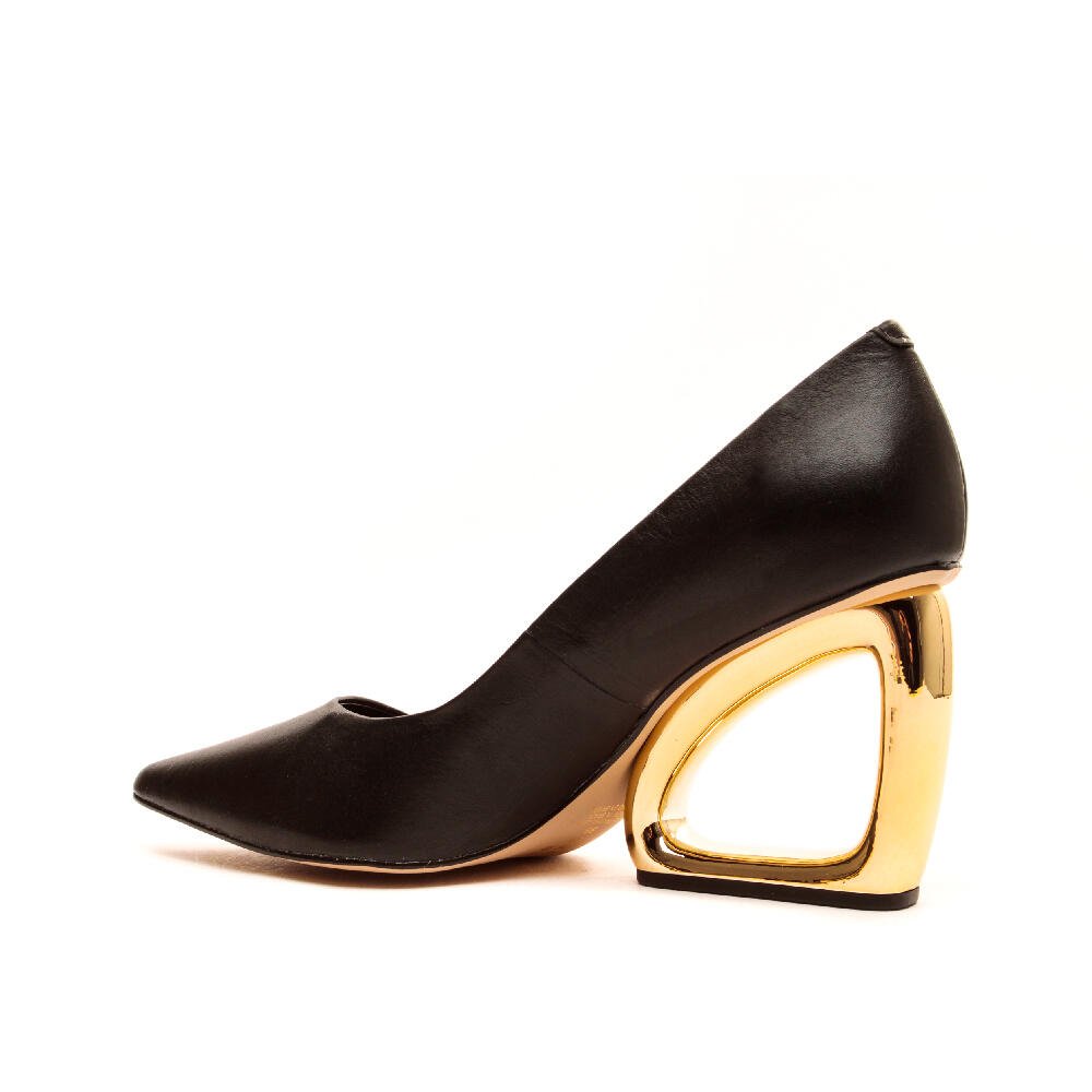 Scarpin Couro Preto Salto Vazado Cecconello 2202002-1 Preto/Dourado 3