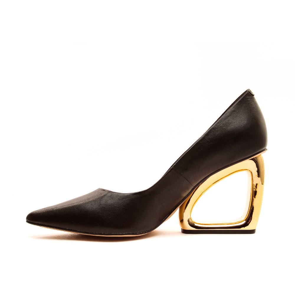 Scarpin Couro Preto Salto Vazado Cecconello 2202002-1 Preto/Dourado 4