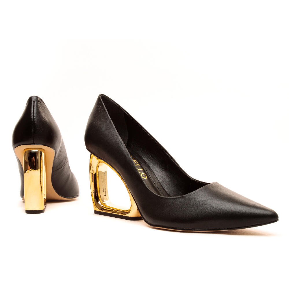 Scarpin Couro Preto Salto Vazado Cecconello 2202002-1 Preto/Dourado 5