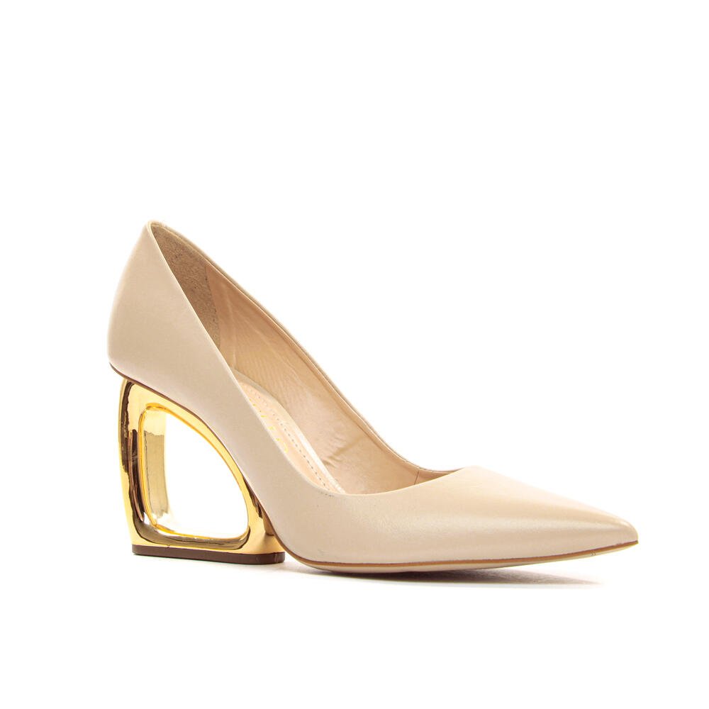 Scarpin Couro Creme Salto Vazado Cecconello 2202002-2 Creme/Dourado 2