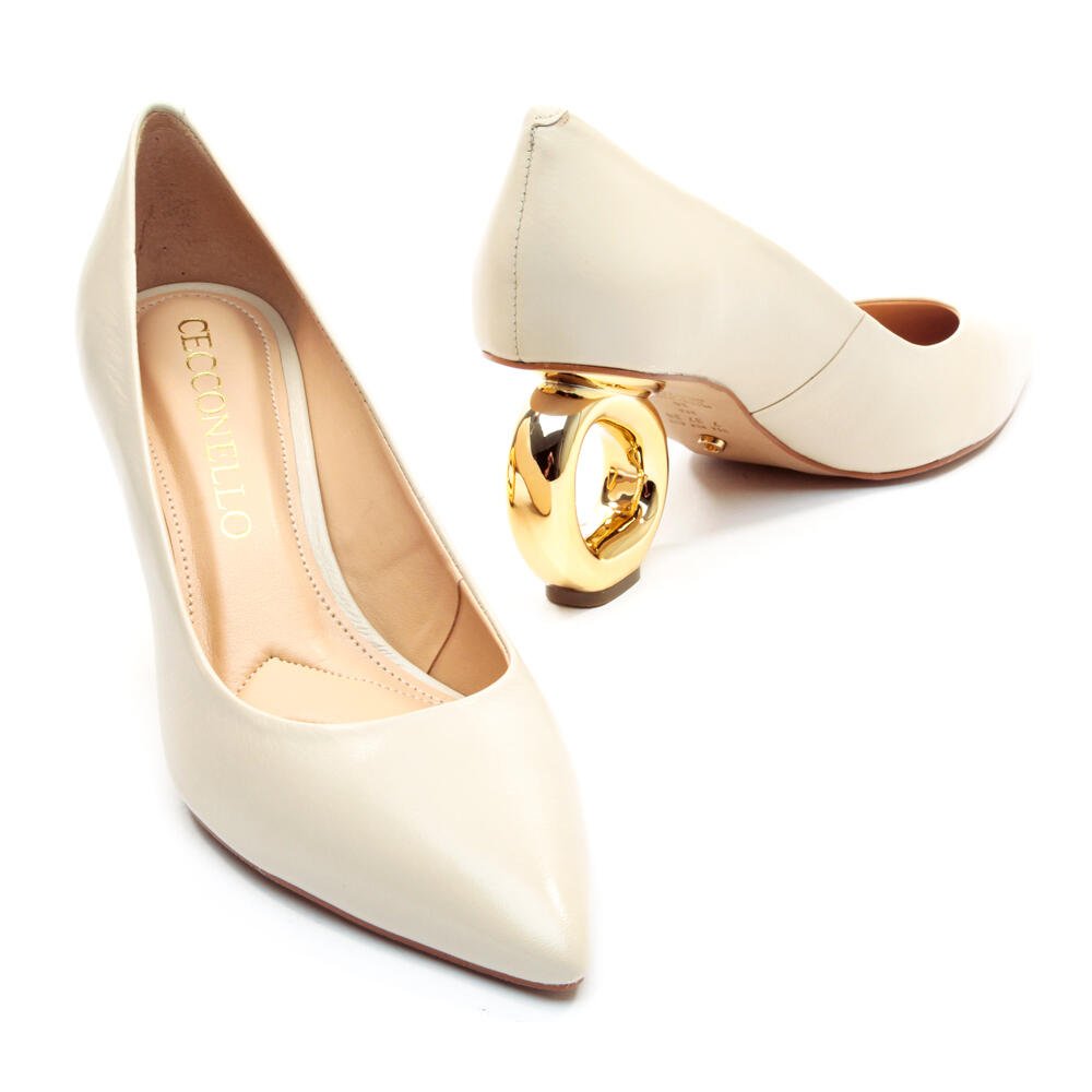 Scarpin Couro Off White Salto Vazado Cecconello 2201002-7 Off White/Dourado 4