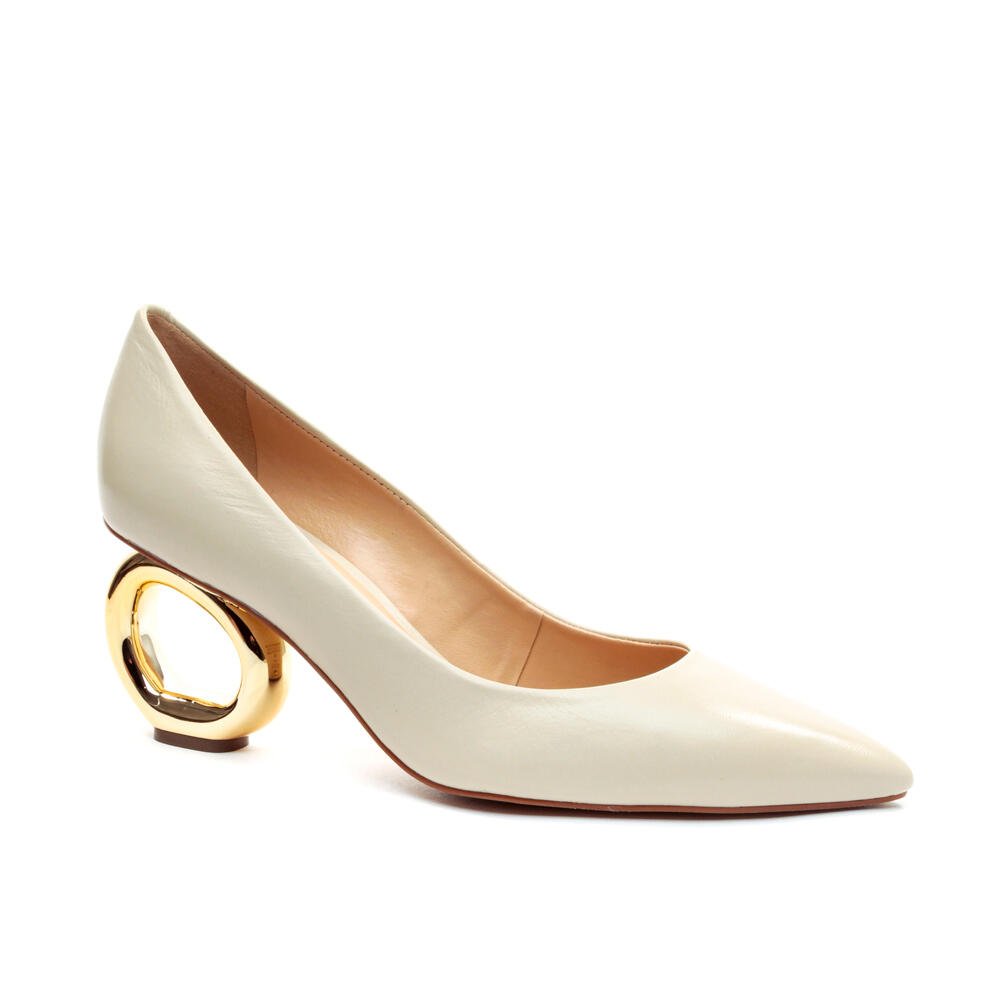 Scarpin Couro Off White Salto Vazado Cecconello 2201002-7 Off White/Dourado 2