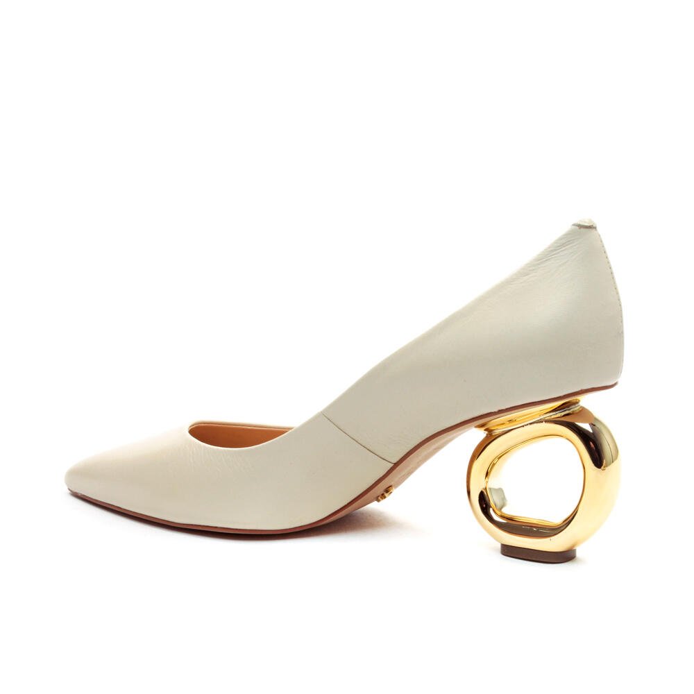 Scarpin Couro Off White Salto Vazado Cecconello 2201002-7 Off White/Dourado 3