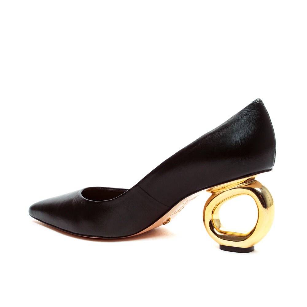 Scarpin Couro Preto Salto Vazado Cecconello 2201002-9 Preto/Dourado 3