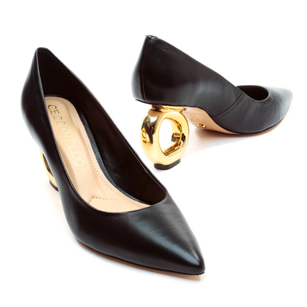 Scarpin Couro Preto Salto Vazado Cecconello 2201002-9 Preto/Dourado 4