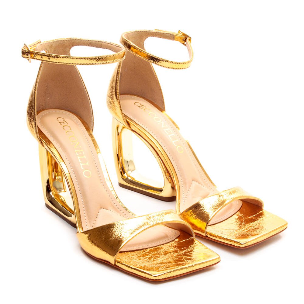 Sandália Couro Ouro Salto Alto Vazado Cecconello 2192002-13 Ouro 5