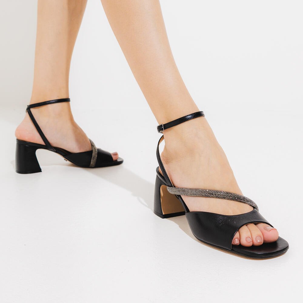 Sandália Couro Preto Salto Bloco Médio Cecconello 2564001-3 Preto 2