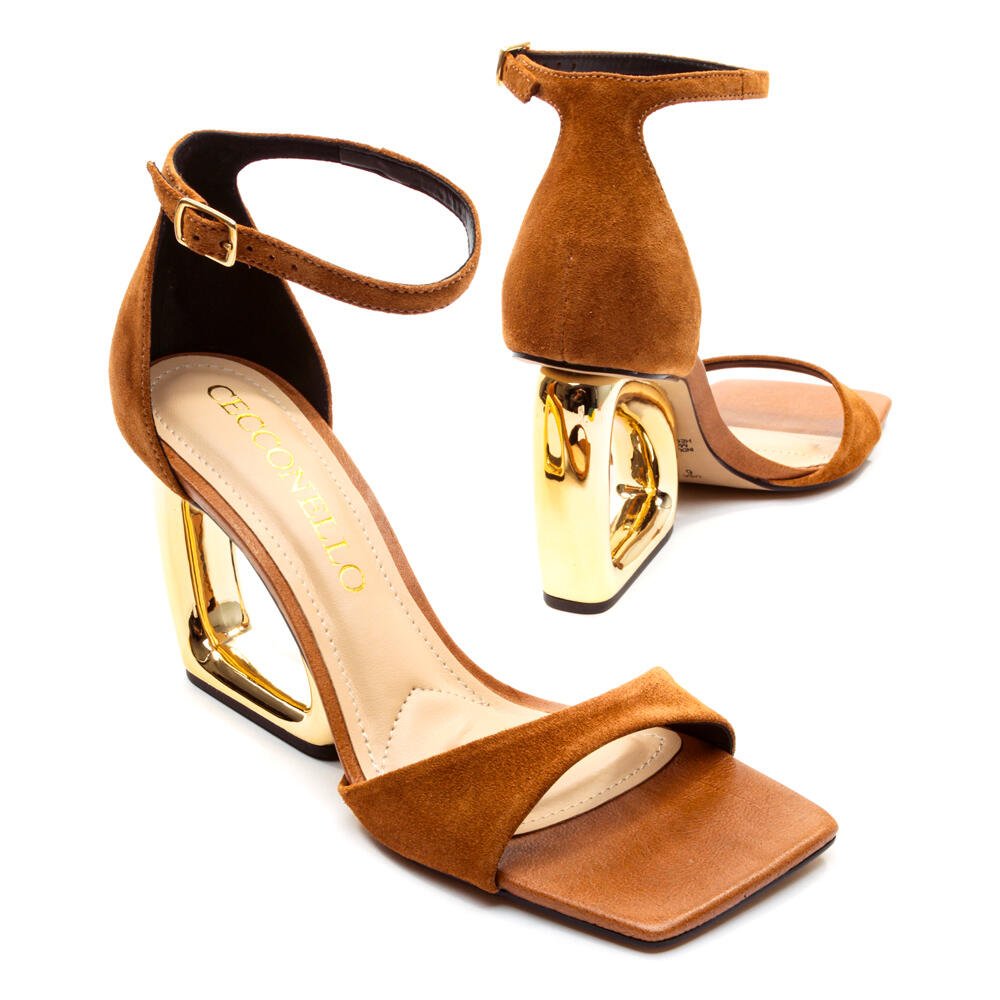 Sandália Couro Marrom Salto Alto Cecconello 2192002-31 Marrom/Dourado 5