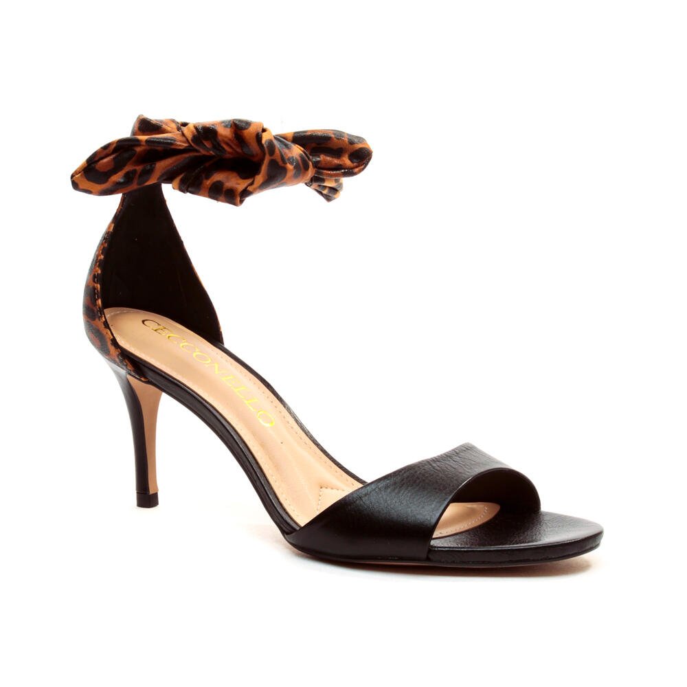 Sandália Couro Preto Salto Médio Cecconello 2538010-7 Preto/Onça 3