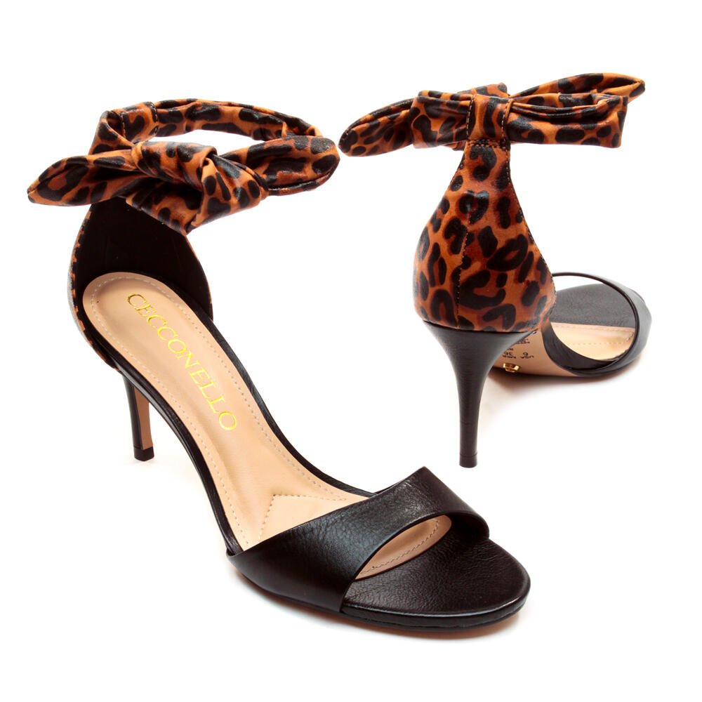 Sandália Couro Preto Salto Médio Cecconello 2538010-7 Preto/Onça 5