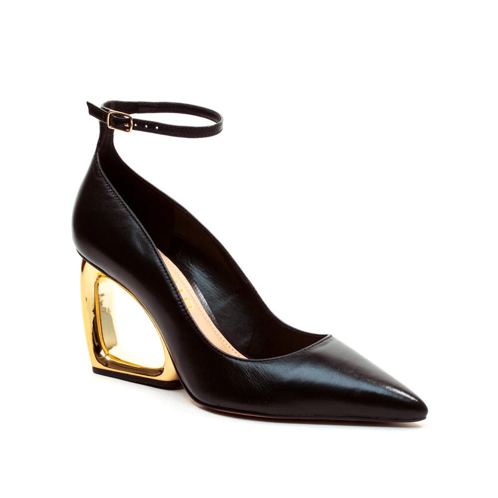 Scarpin Couro Preto Salto Alto Vazado Cecconello 2634001-7 Preto/Dourado 2