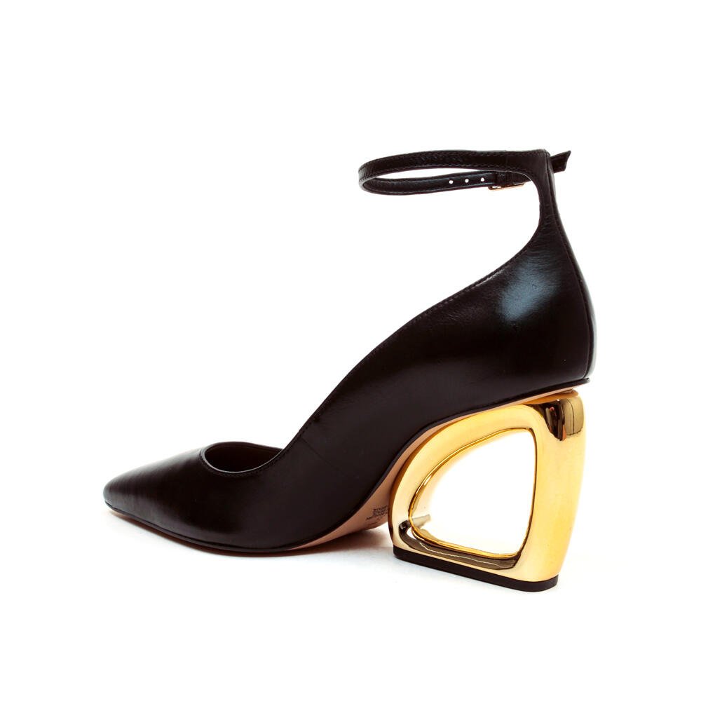 Scarpin Couro Preto Salto Alto Vazado Cecconello 2634001-7 Preto/Dourado 3