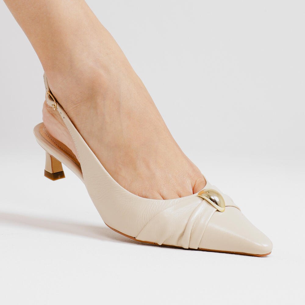 Slingback Couro Off White Salto Baixo Cecconello 2639011-3 Off White 2