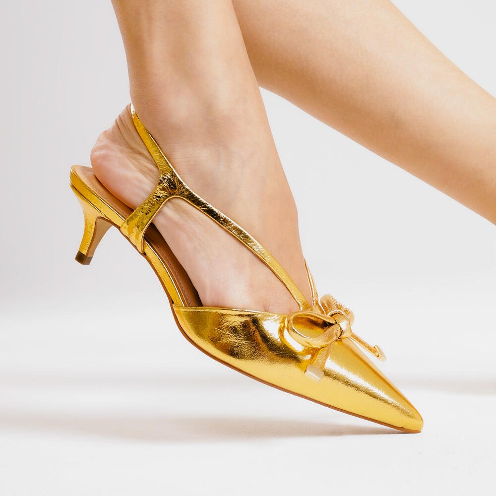 Slingback Couro Ouro Salto Baixo Cecconello 2629012-2 Ouro 2