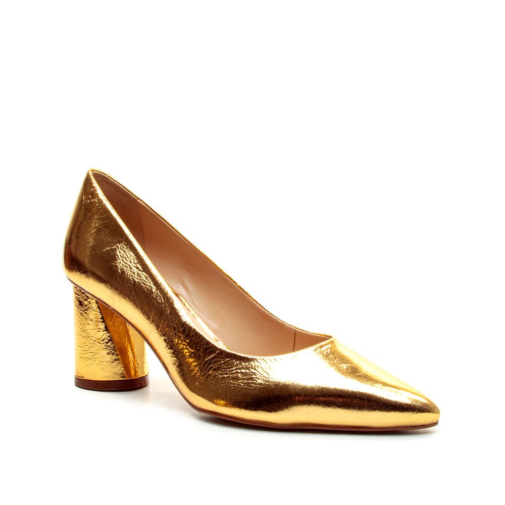 Scarpin Couro Ouro Salto Bloco MÉdio Cecconello 2630001-10 Ouro 2