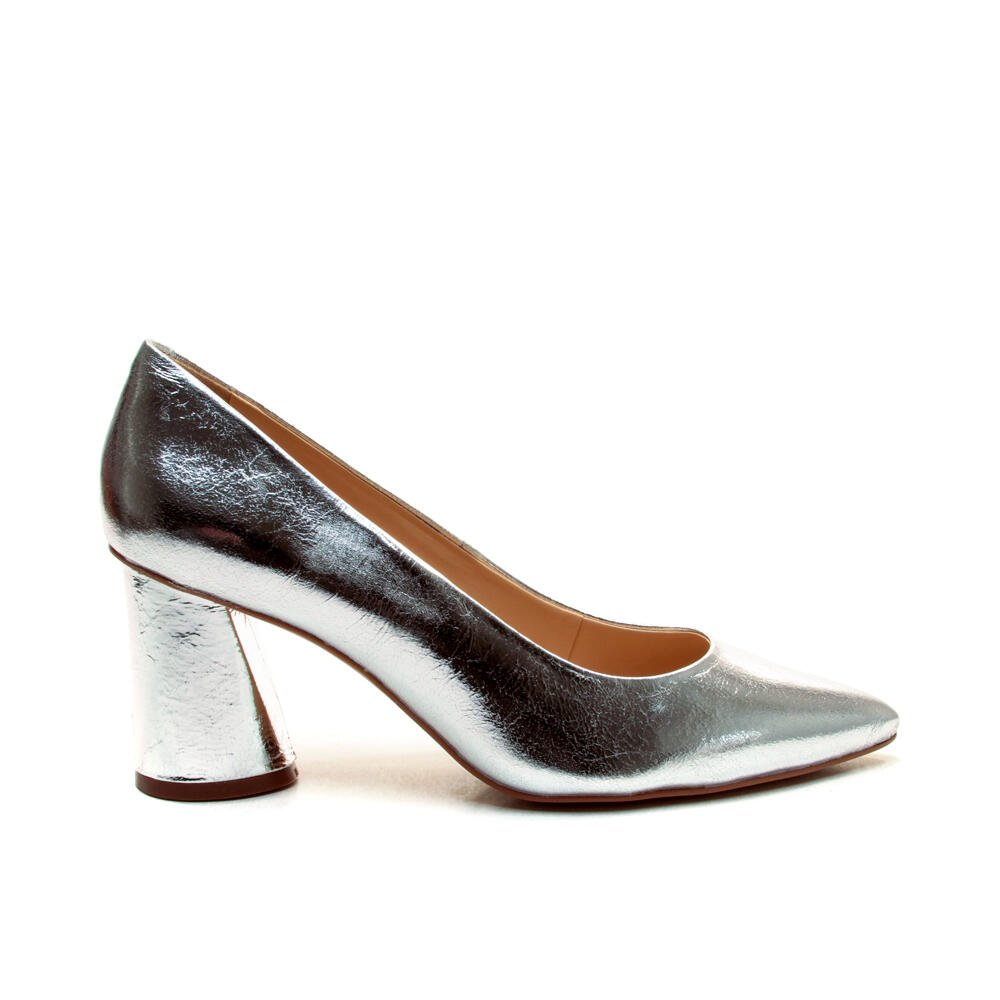 Scarpin Couro Prata Salto Bloco MÉdio Cecconello 2630001-11