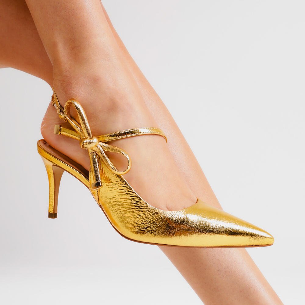 Slingback Couro Ouro Salto MÉdio Cecconello 2658008-1 Ouro 2