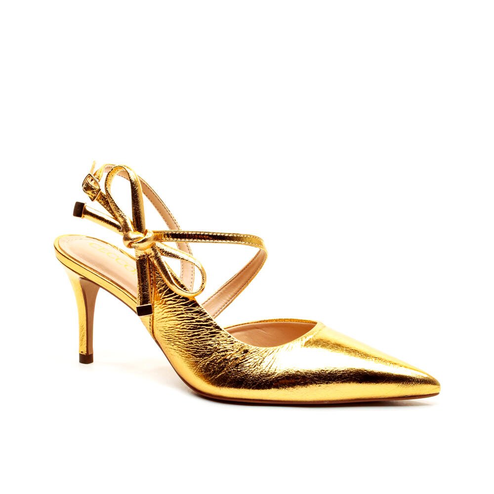 Slingback Couro Ouro Salto MÉdio Cecconello 2658008-1 Ouro 3