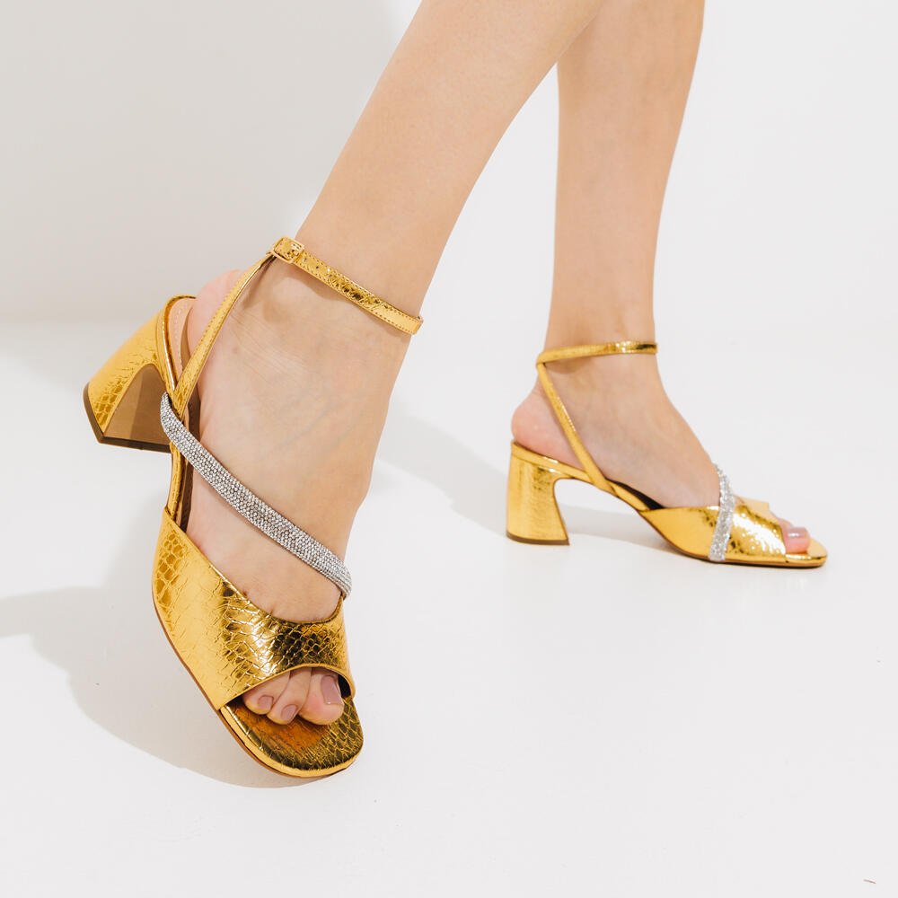 Sandália Ouro Salto Bloco Médio Cecconello 2564001-1 Ouro 2