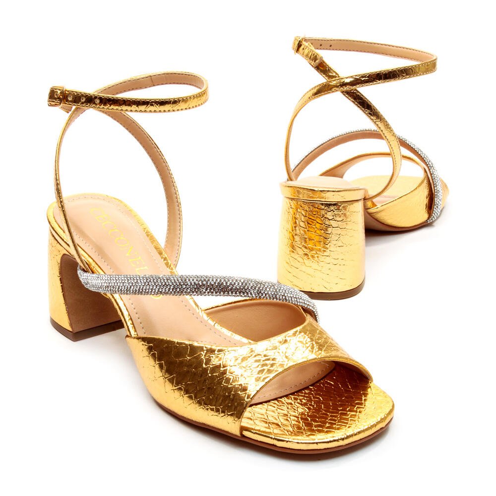 Sandália Ouro Salto Bloco Médio Cecconello 2564001-1 Ouro 5