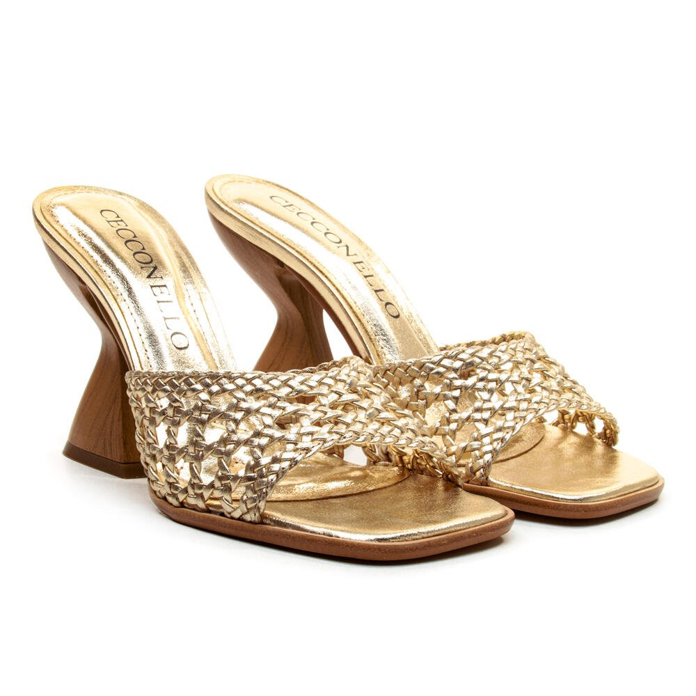 Tamanco Couro Ouro Light Salto Alto Cecconello 2718006-5 Dourado 4