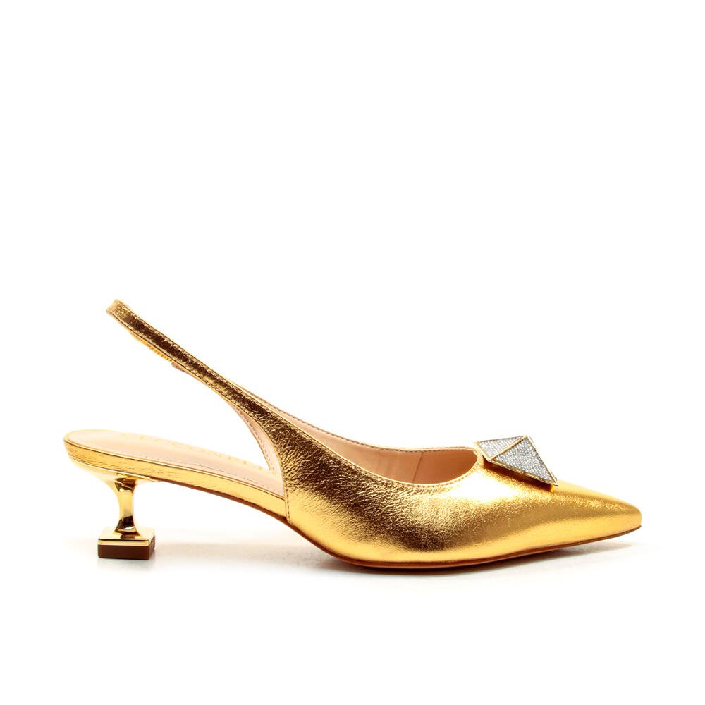 Slingback Couro Ouro Salto Baixo Cecconello 2393011-1