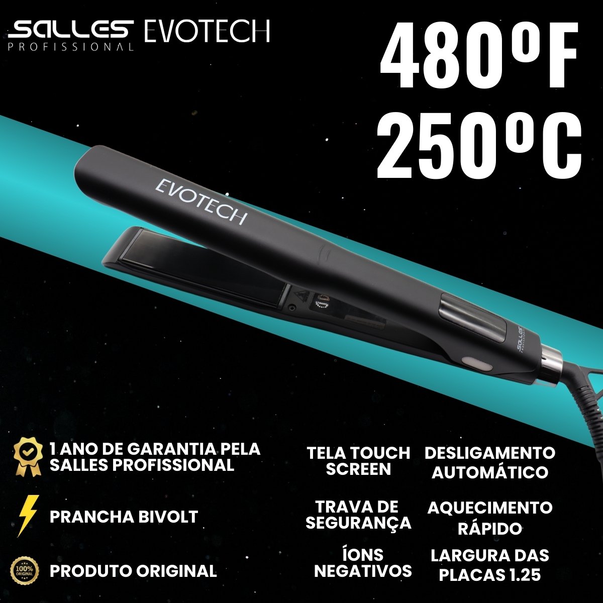 Prancha Evotech 1.25" 480F Bivolt Preta Salles Profissional Preto 6