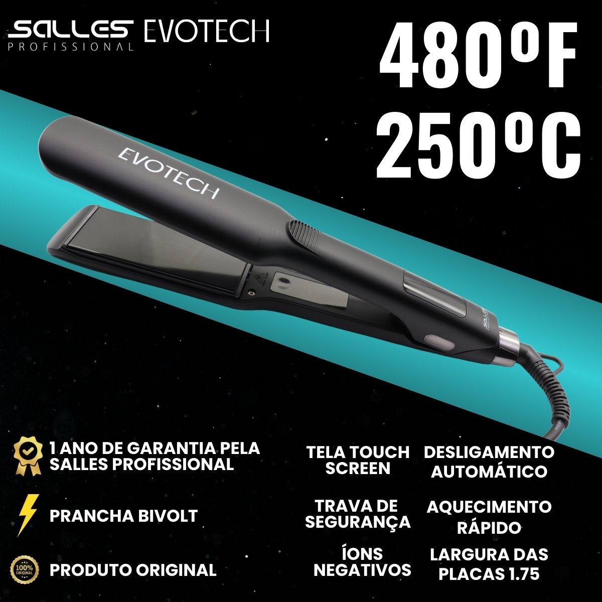Prancha Evotech 1.75" 480F Bivolt Preta Salles Profissional Preto 6