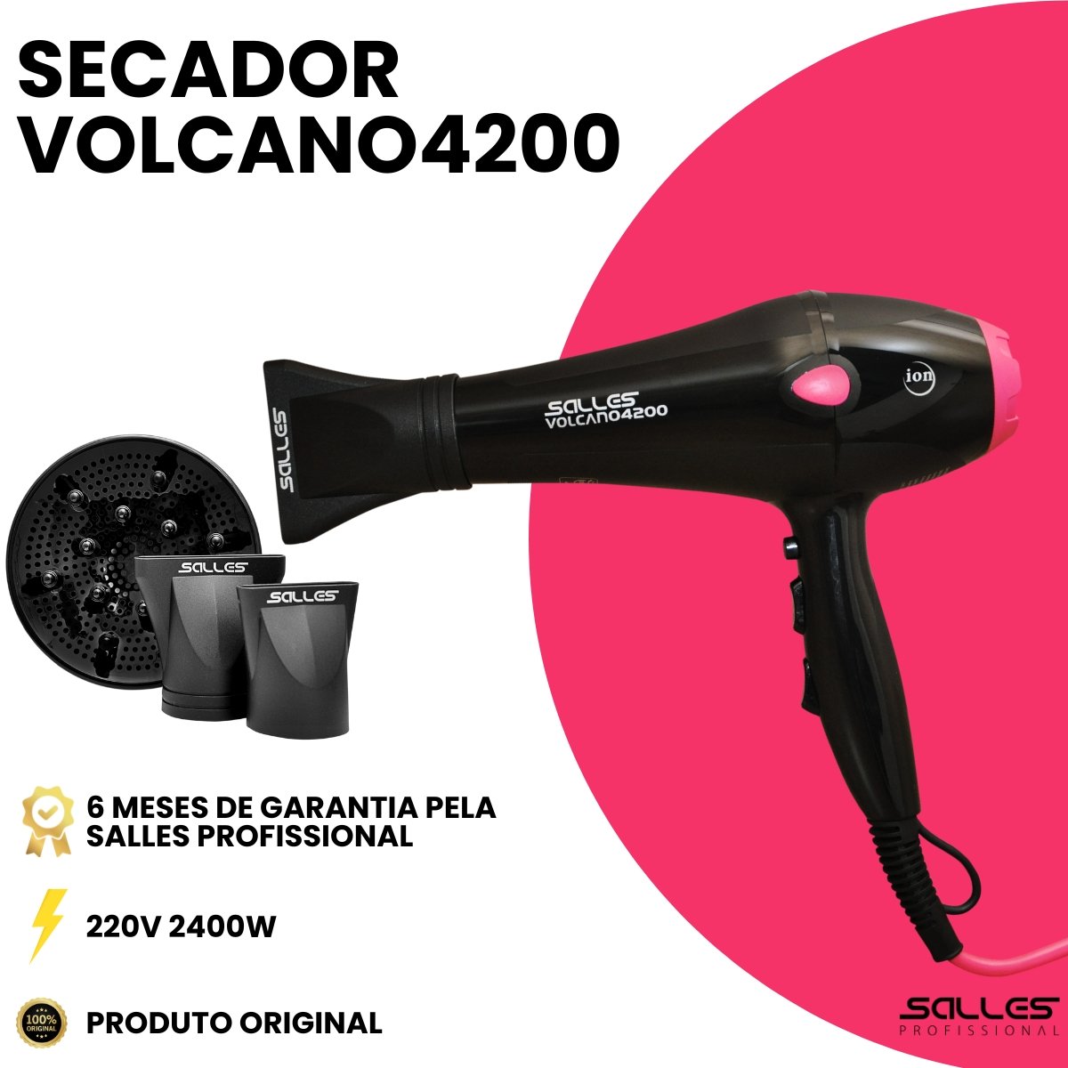 Secador de Cabelo Volcano4200 Salles Profissional Rosa Preto/Rosa 6