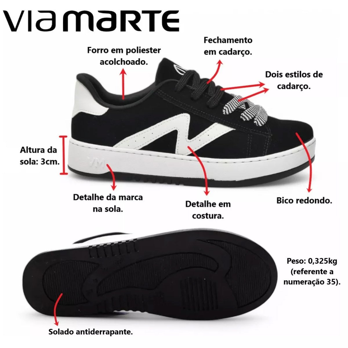 Tenis Via Marte 069-007 Feminino Branco  Preto/Branco 3